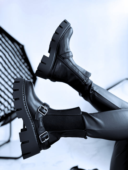 "Double Belt 5803" boots with side elastic - BLACK