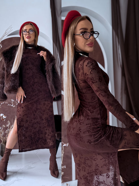 "COFFEE ROSE HS10030" mesh dress + slip dress - CHOCO