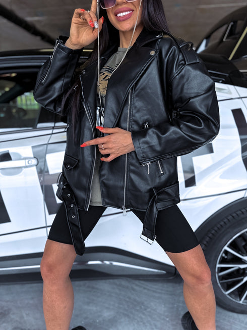 Классическая куртка оверсайз из искусственной кожи S-17 - ЧЕРНАЯ