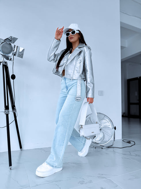 SILVER TONE, crop faux leather jacket with snap buttons FL82