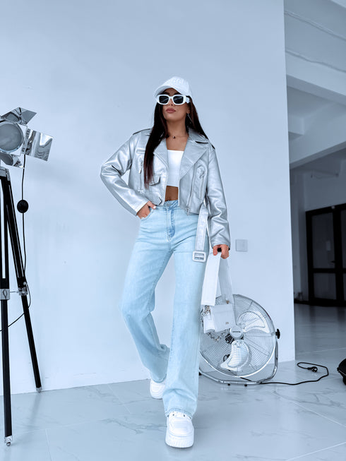 SILVER TONE, crop faux leather jacket with snap buttons FL82