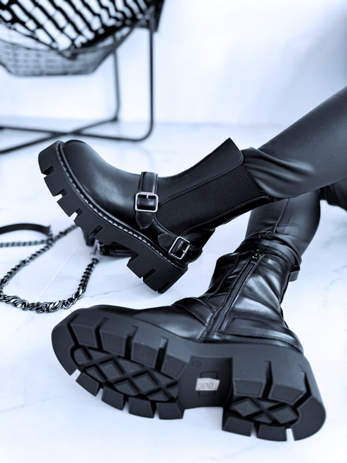 "Double Belt 5803" boots with side elastic - BLACK