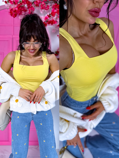 Yellow, basic top with a square neckline