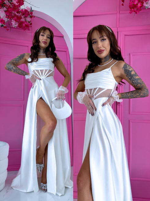 Long dress with a slit "CORSET LUX" - CREAM WHITE