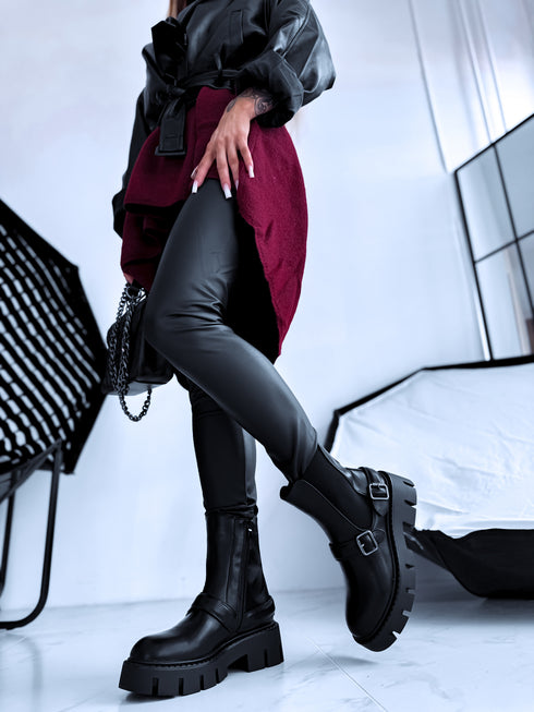 "Double Belt 5803" boots with side elastic - BLACK