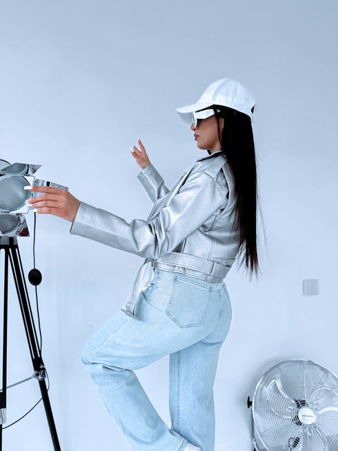 SILVER TONE, crop faux leather jacket with snap buttons FL82