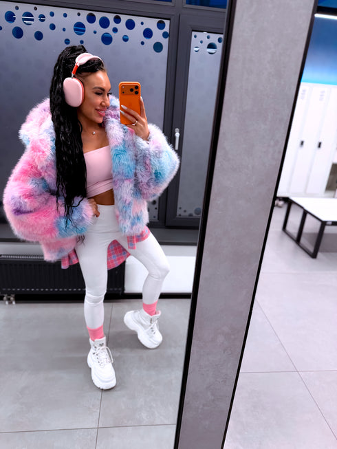 "FURORA PH6710" faux fur jacket - BLUE WITH PINK