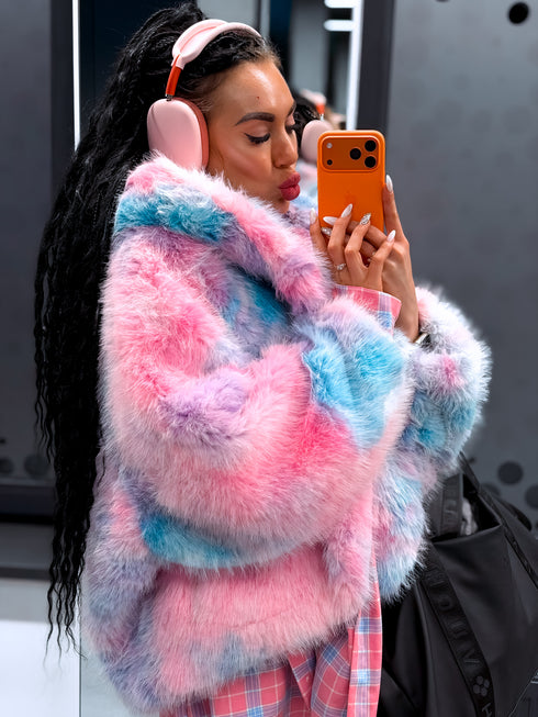 "FURORA PH6710" faux fur jacket - BLUE WITH PINK
