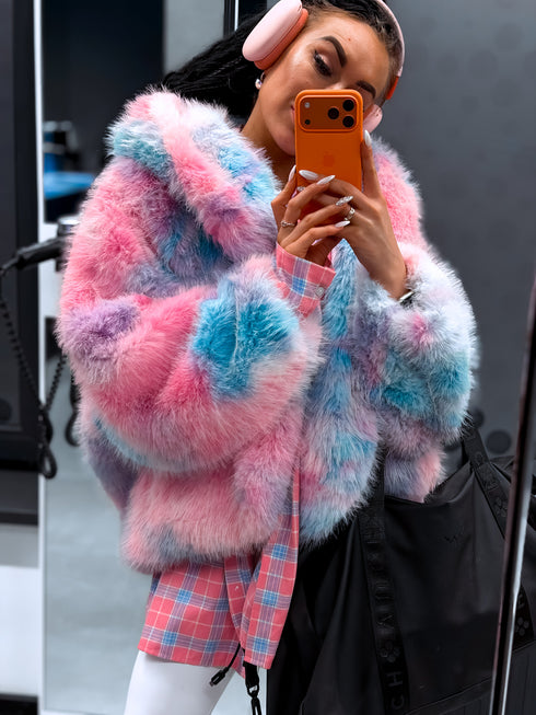 "FURORA PH6710" faux fur jacket - BLUE WITH PINK