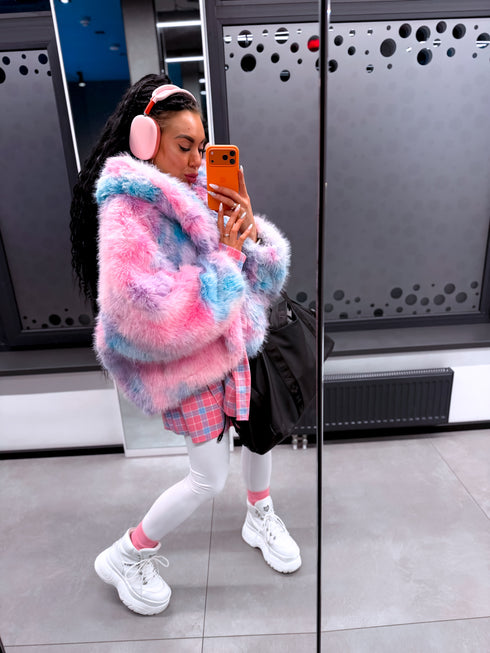 "FURORA PH6710" faux fur jacket - BLUE WITH PINK