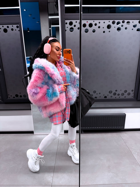 "FURORA PH6710" faux fur jacket - BLUE WITH PINK