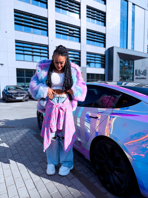 "FURORA PH6710" faux fur jacket - BLUE WITH PINK