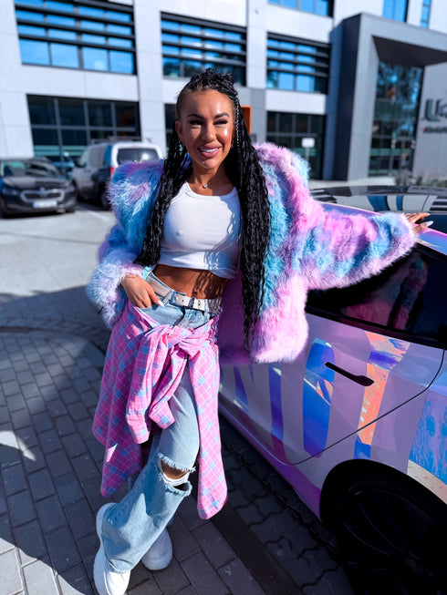 "FURORA PH6710" faux fur jacket - BLUE WITH PINK