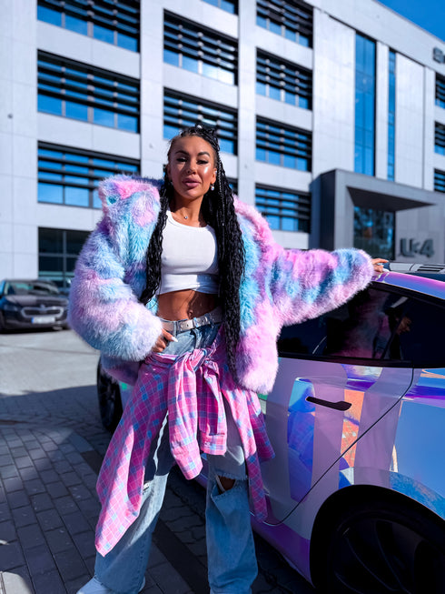 "FURORA PH6710" faux fur jacket - BLUE WITH PINK