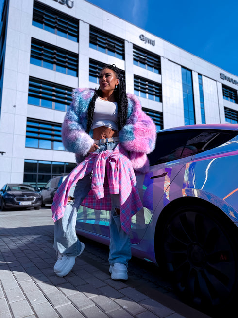 "FURORA PH6710" mākslīgās kažokādas virsjaka - ZILA AR ROZĀ