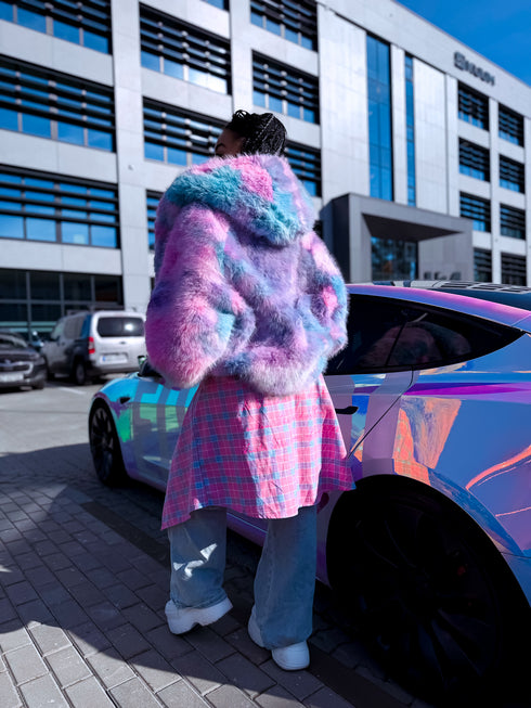 "FURORA PH6710" faux fur jacket - BLUE WITH PINK