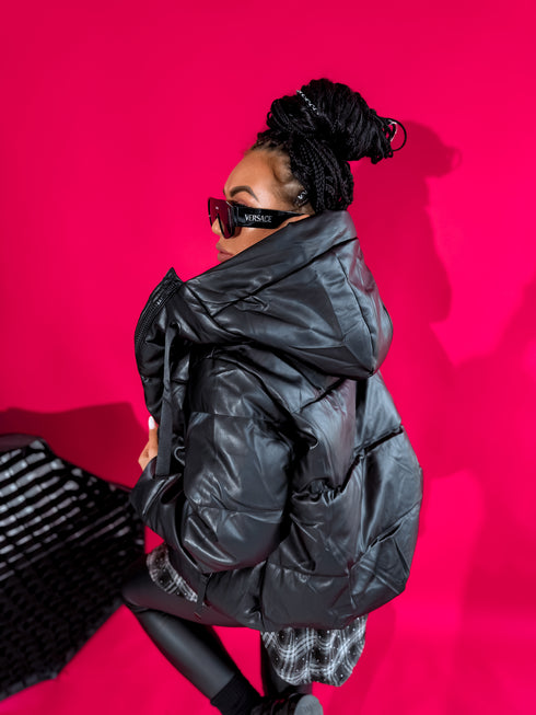 Faux leather jacket with hood - BLACK