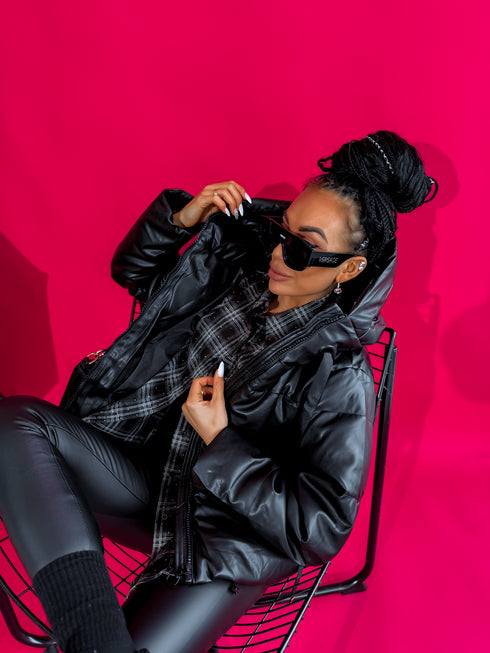 Faux leather jacket with hood - BLACK