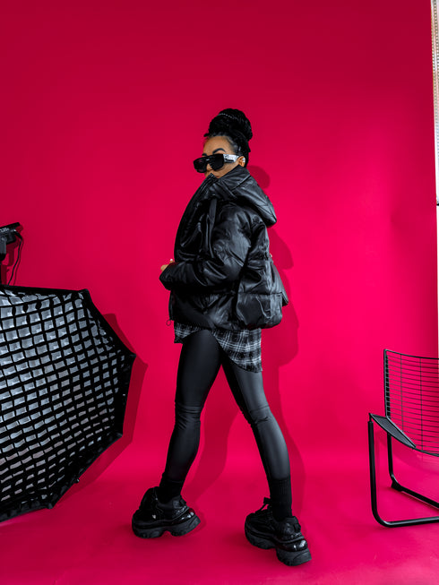 Faux leather jacket with hood - BLACK