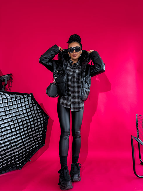 Faux leather jacket with hood - BLACK