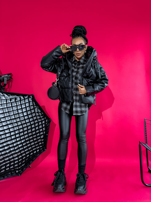 Faux leather jacket with hood - BLACK