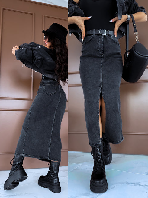 Dark gray, classic denim skirt T250-9