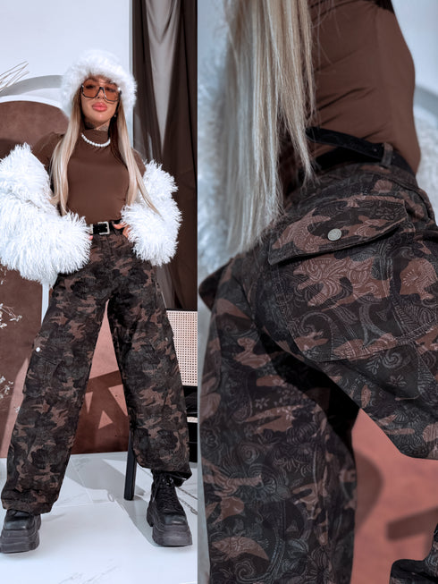 Patterned barrel jeans + belt ND025 - CHOCO