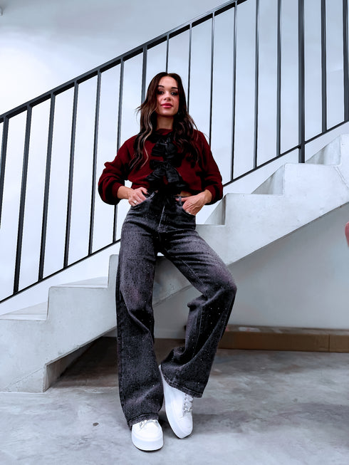 LUX džinsa bikses ar kristāliem "FULL MOON" T6003-7 - GRAFĪTA