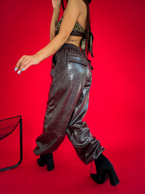 LUX ādas imitācijas bikses "BE STRONGER LD3347" - CHOCO