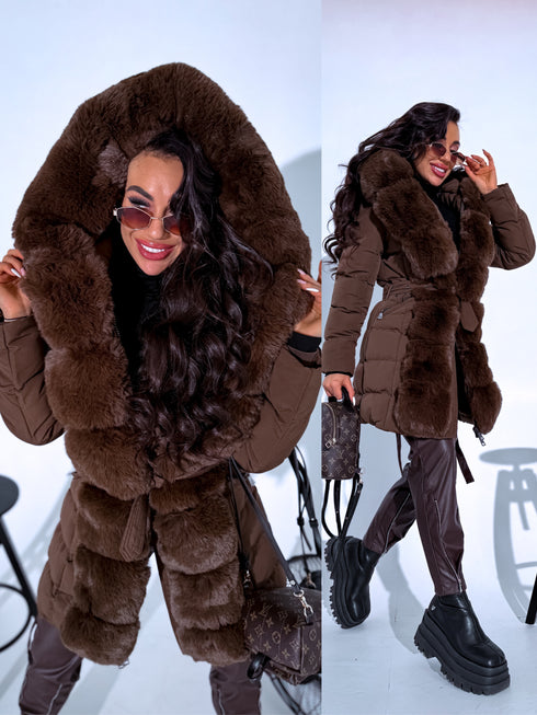 Warm, long coat with fur front + belt - CHOCOLATE BROWN