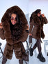 Warm, long coat with fur front + belt - CHOCOLATE BROWN