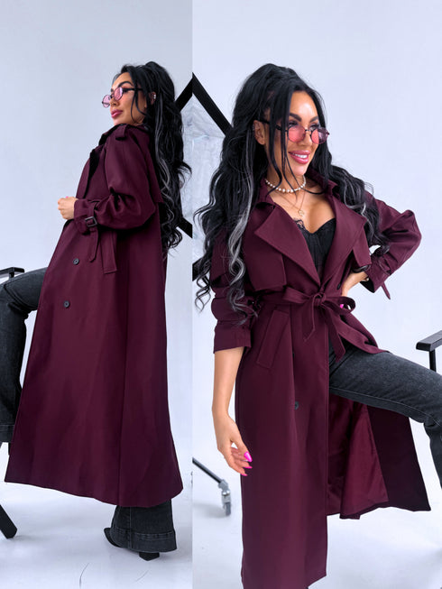 "PARIS CHIC 8017" long trench coat - BURGUNDY
