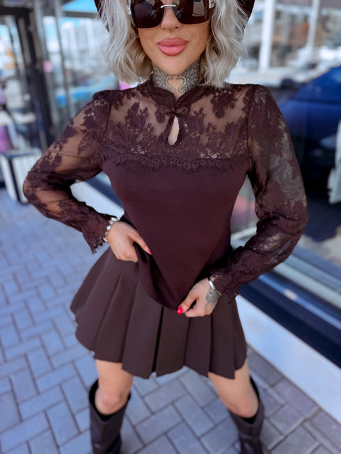 Top with lace sleeves "ISABELLE MC2933" - CHOCO