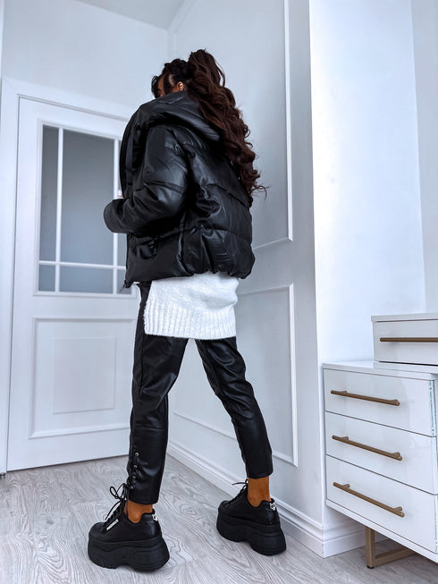 Faux leather jacket with hood - BLACK