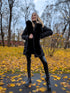 Warm, long coat with fur front + belt - BLACK