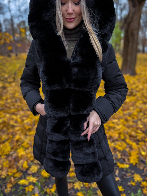 Warm, long coat with fur front + belt - BLACK