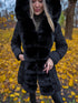 Warm, long coat with fur front + belt - BLACK