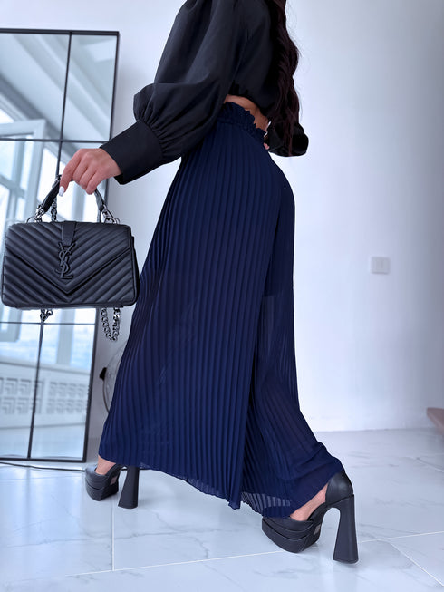 Gofrētas auduma bikses - TUMŠI ZILAS