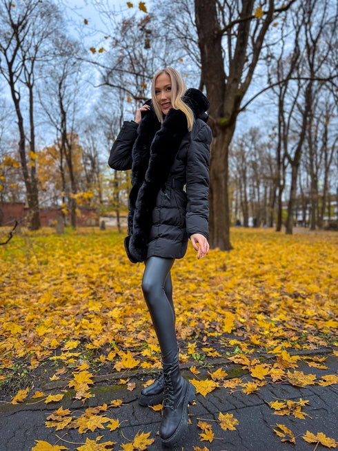 Warm, long coat with fur front + belt - BLACK