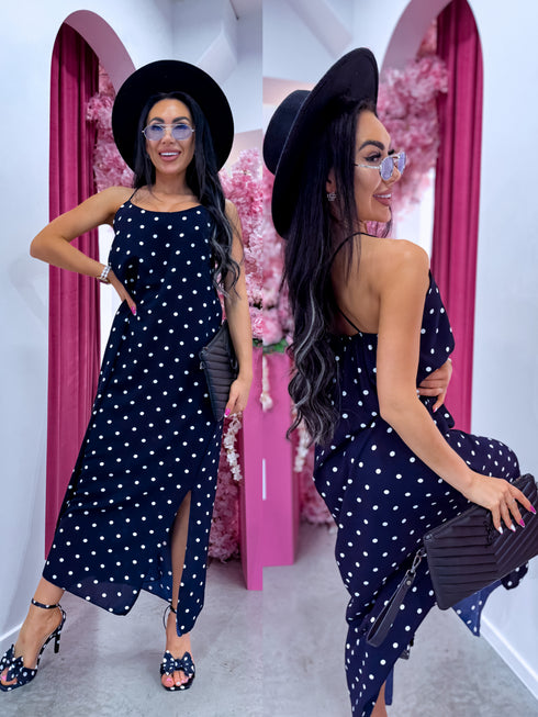 DOTTED "LĪGO" dress with crossed straps - navy blue PRE-ORDER