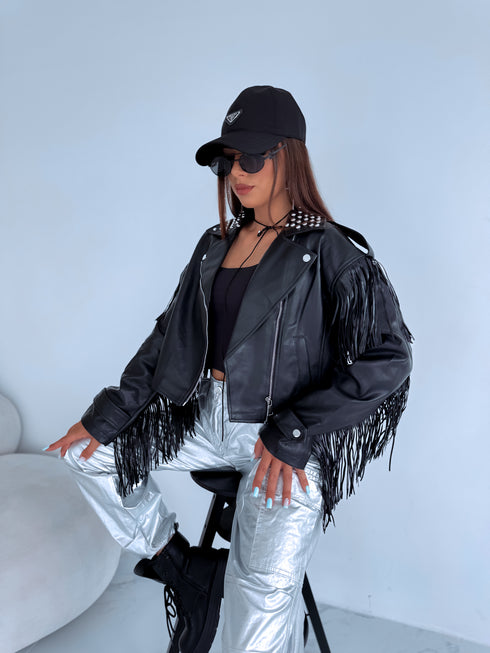 Куртка из искусственной кожи с бахромой "SOMEBODY" - ЧЕРНАЯ S6602