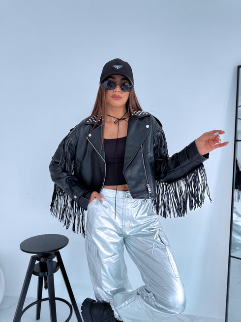Куртка из искусственной кожи с бахромой "SOMEBODY" - ЧЕРНАЯ S6602