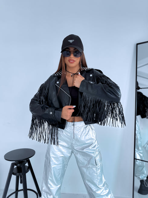 Куртка из искусственной кожи с бахромой "SOMEBODY" - ЧЕРНАЯ S6602