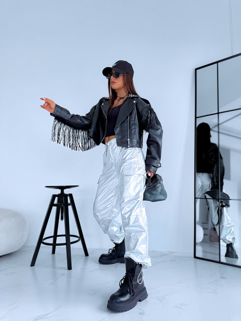 Куртка из искусственной кожи с бахромой "SOMEBODY" - ЧЕРНАЯ S6602