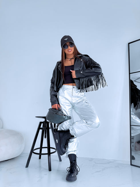 Куртка из искусственной кожи с бахромой "SOMEBODY" - ЧЕРНАЯ S6602