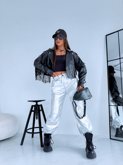 Куртка из искусственной кожи с бахромой "SOMEBODY" - ЧЕРНАЯ S6602