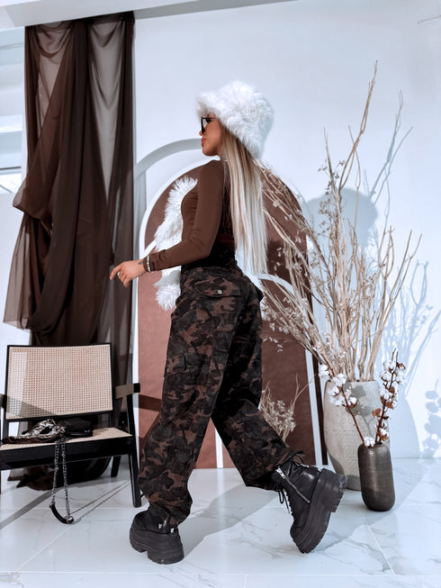 Patterned barrel jeans + belt ND025 - CHOCO