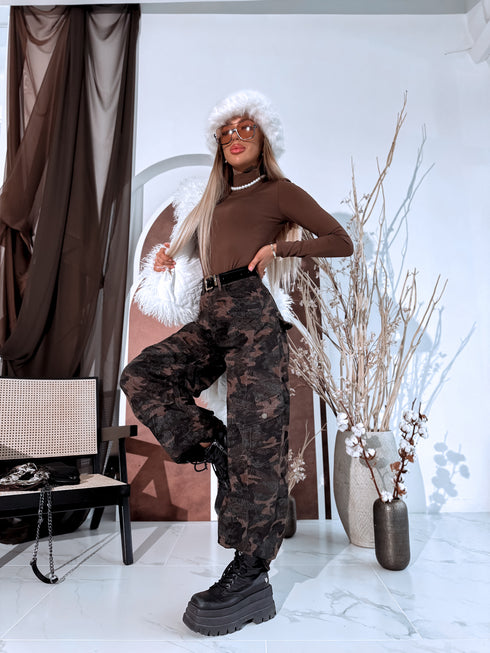 Patterned barrel jeans + belt ND025 - CHOCO