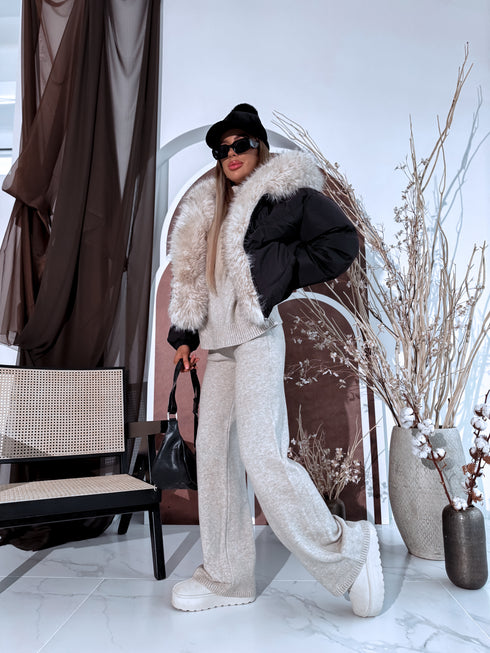 Pufīga, īsā virsjaka "OLYMP FC7631" - MELNA AR BĒŠU PŪKU