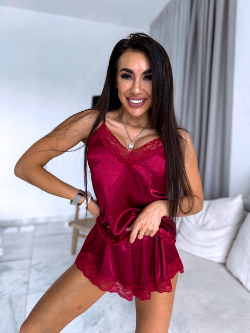 Bordo, satīna nakts komplekts - tops + šorti